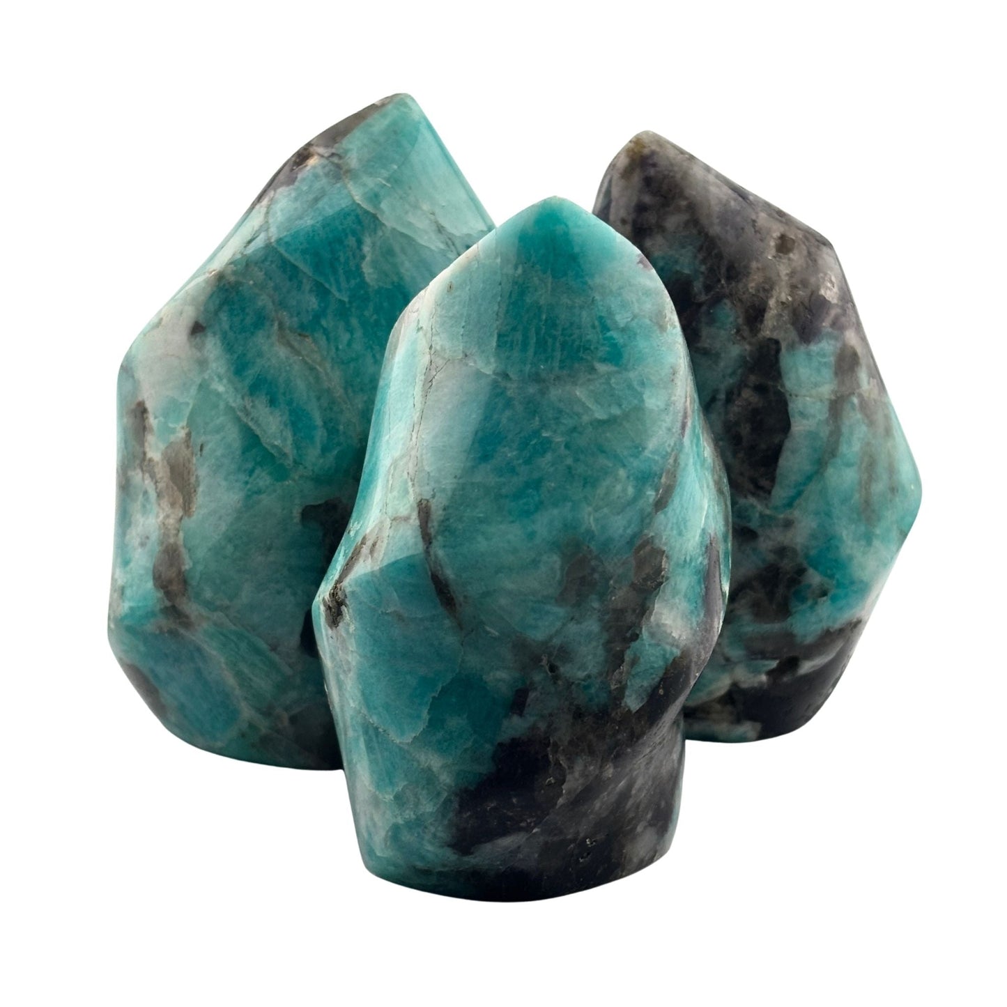 Amazonite and smoky quartz polished flames group of three
