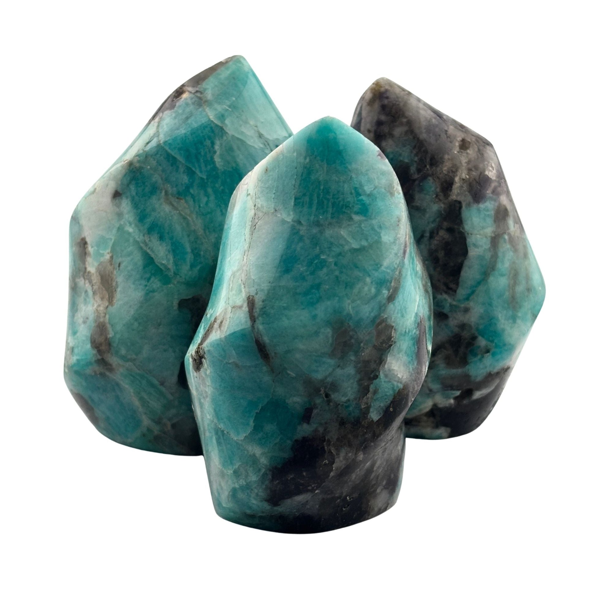 Amazonite and smoky quartz polished flames group of three