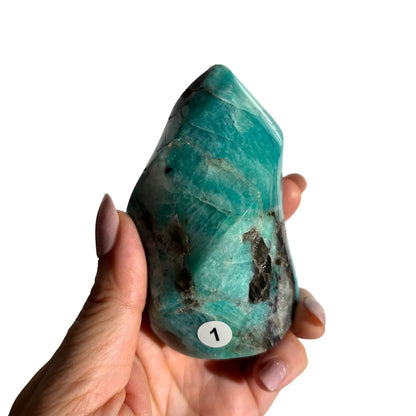 Amazonite & Smoky Quartz Polished Flame Crystals