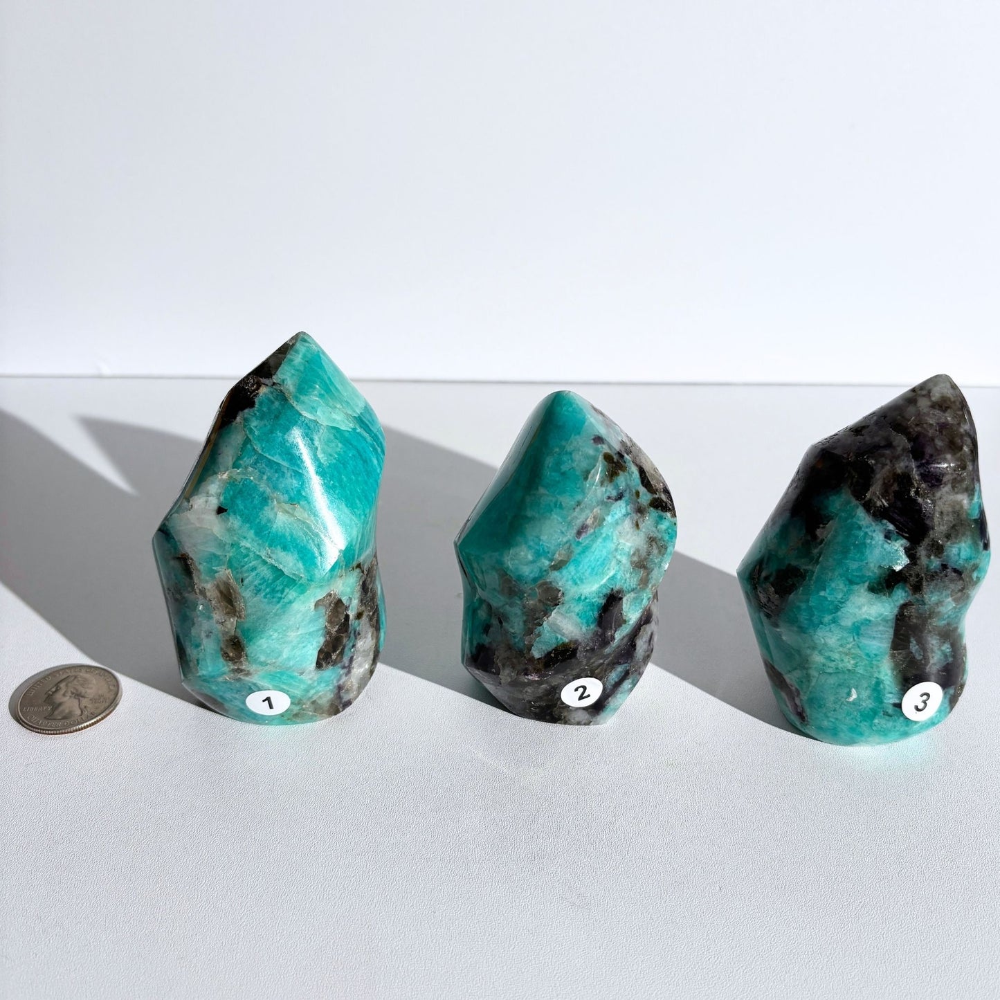 Amazonite & Smoky Quartz Polished Flame Crystals