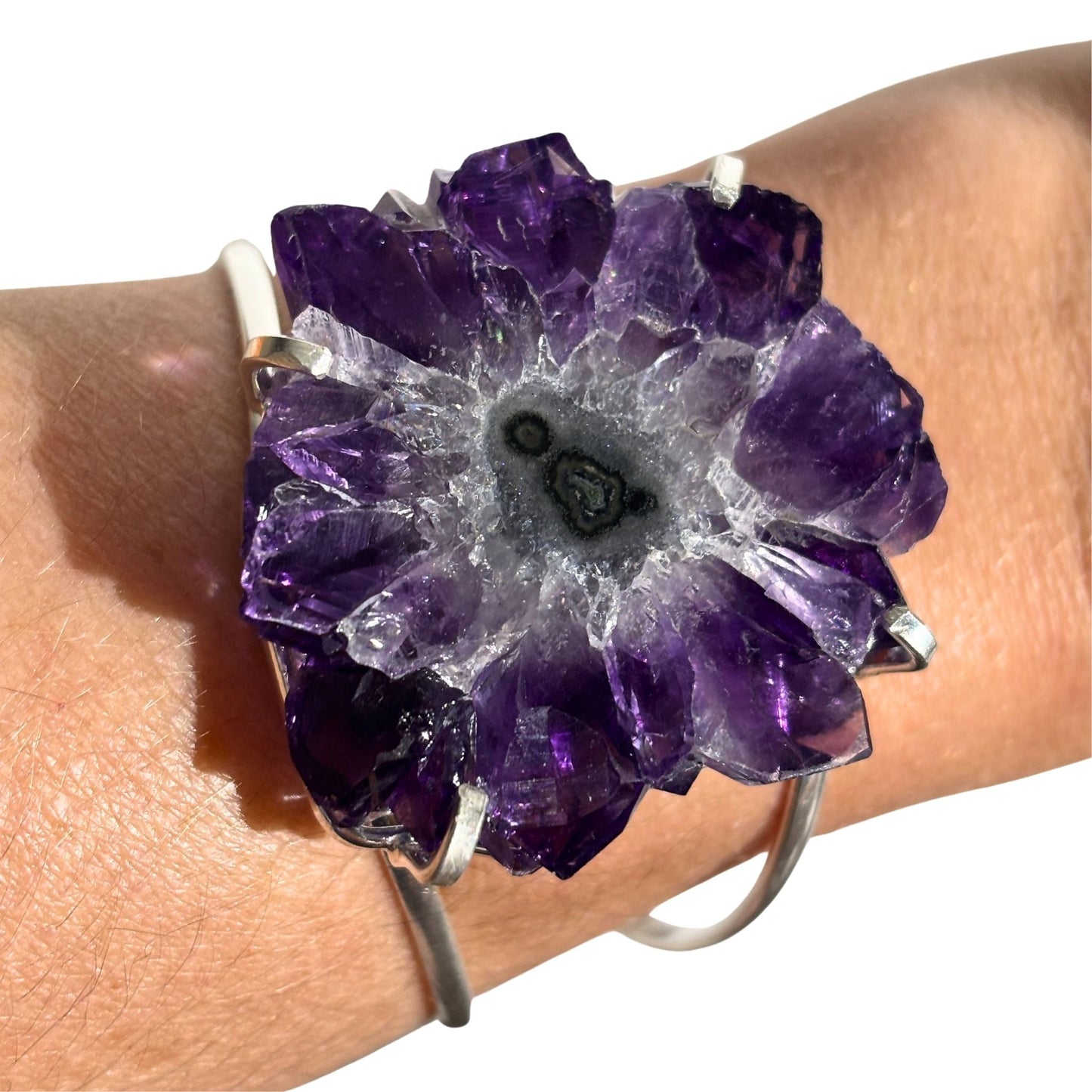 Amethyst stalactite slice cuff bracelet on arm 