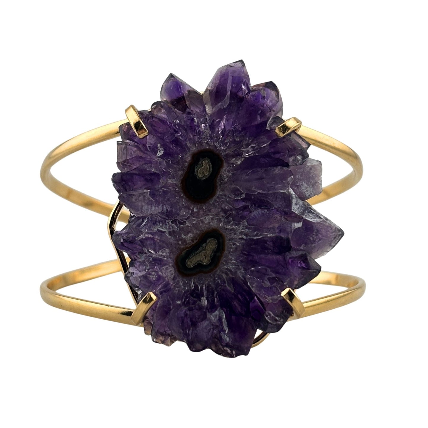 Amethyst stalactite slice cuff bracelet showing two centers 