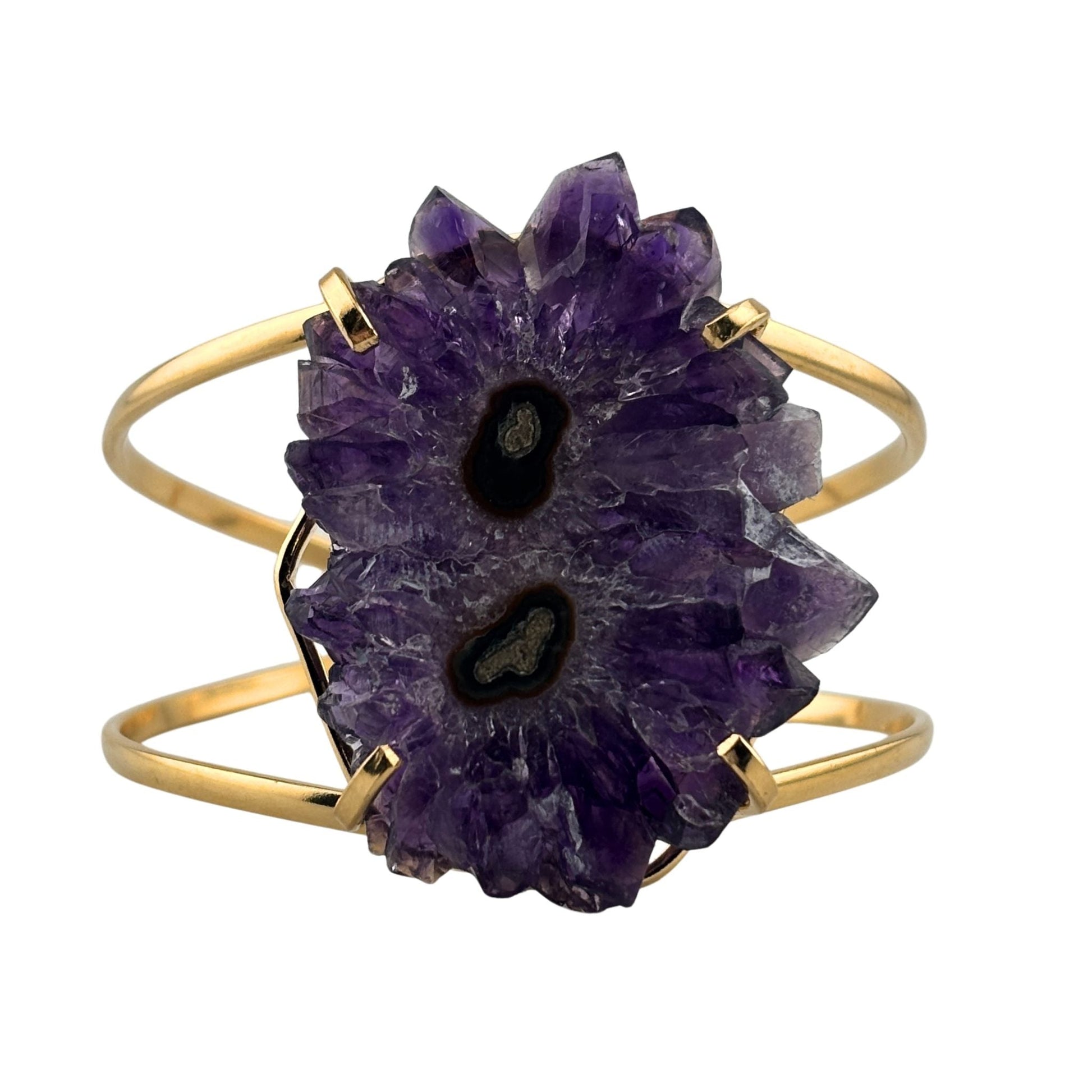 Amethyst stalactite slice cuff bracelet showing two centers 