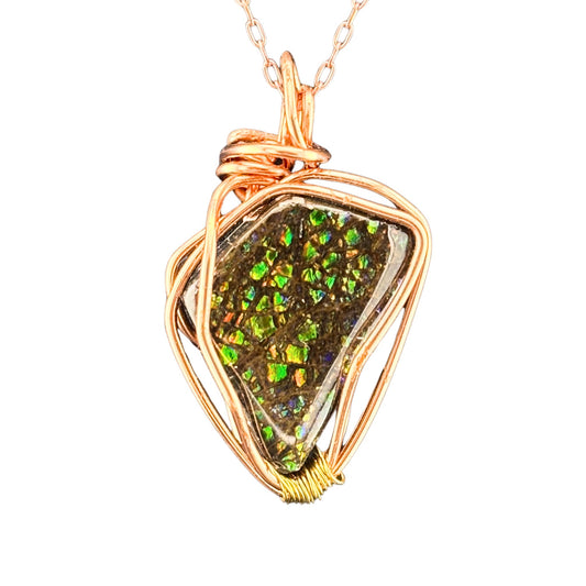 Ammolite Wire Wrapped Pendant Necklace