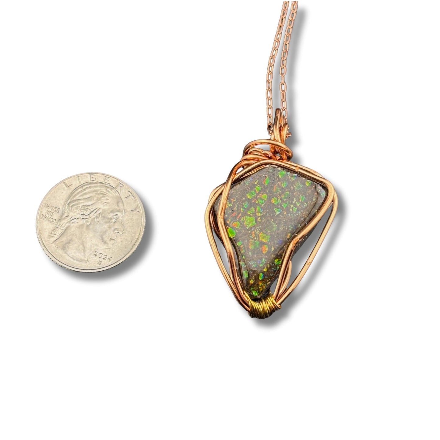 Ammolite Wire Wrapped Pendant Necklace