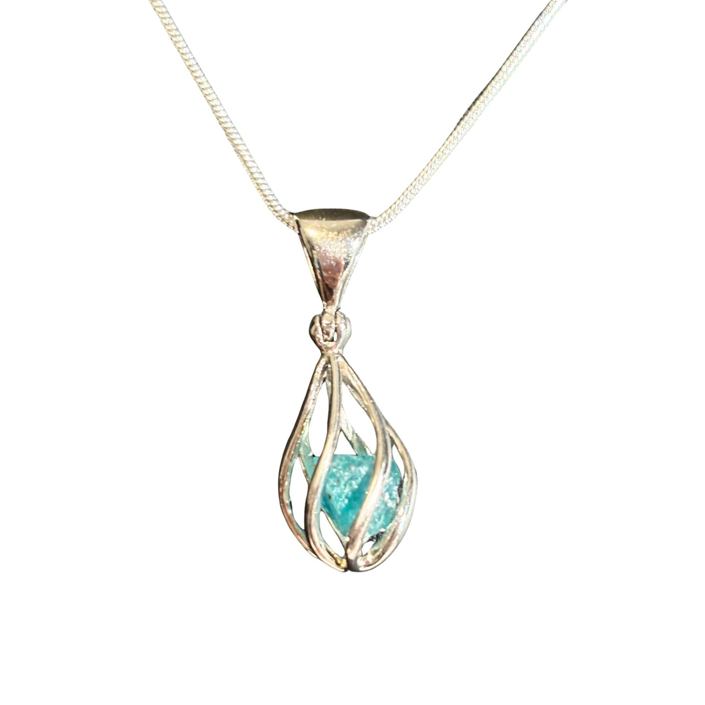 Blue apatite silver swirl pendant on chain white background