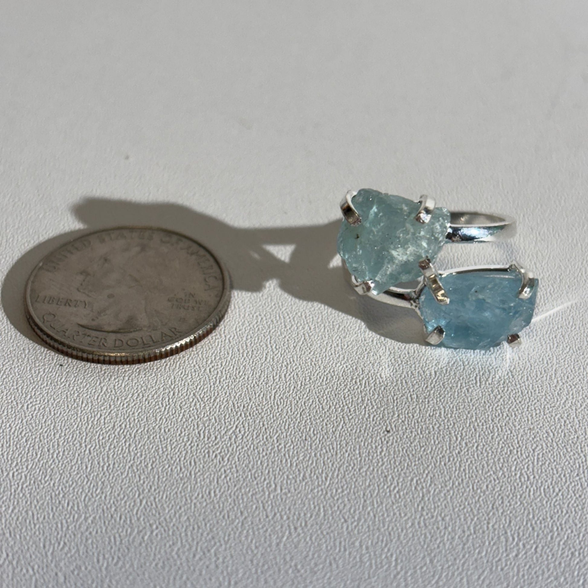 Raw aquamarine dual ring size comparison