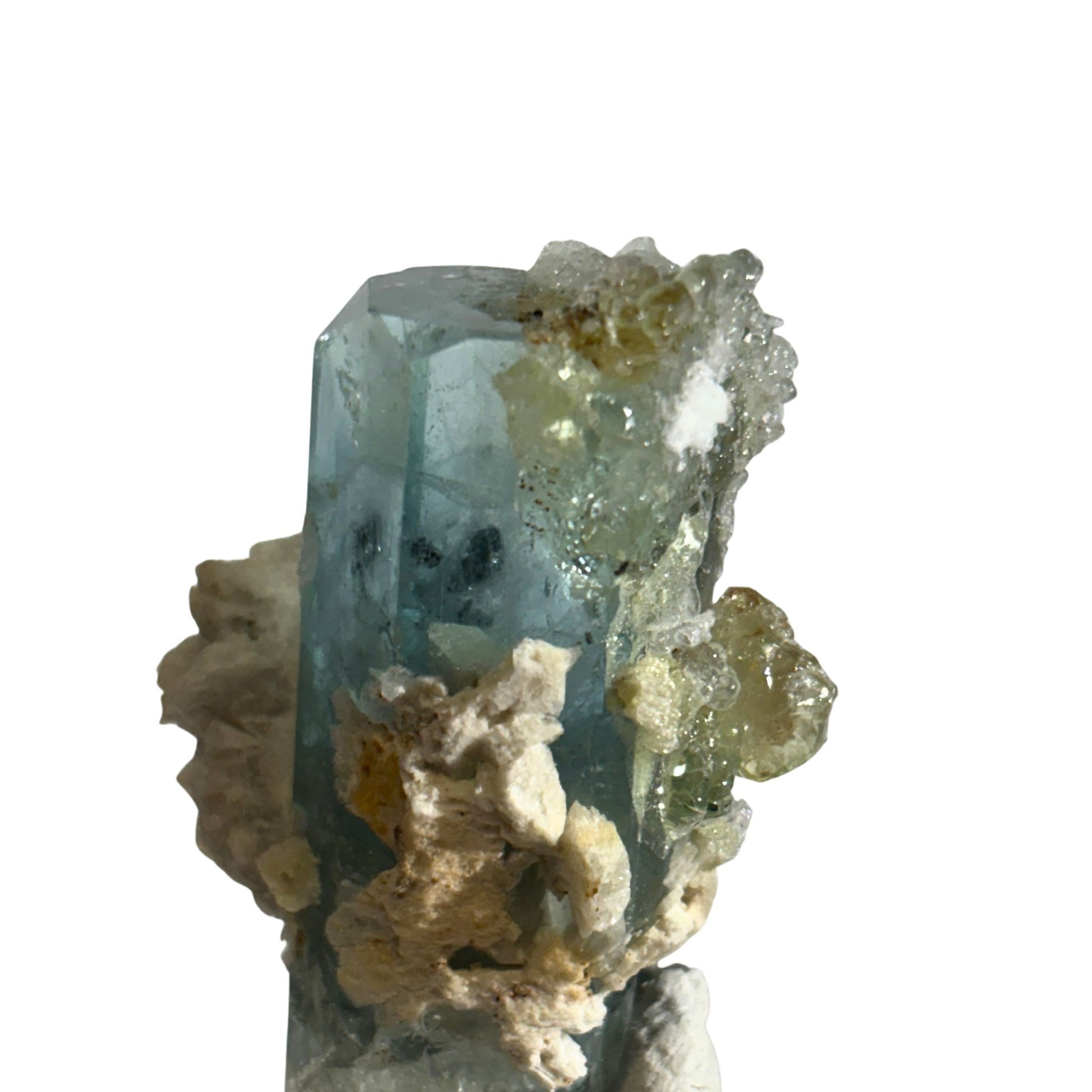 Aquamarine crystal with hyalite opal and feldspar 