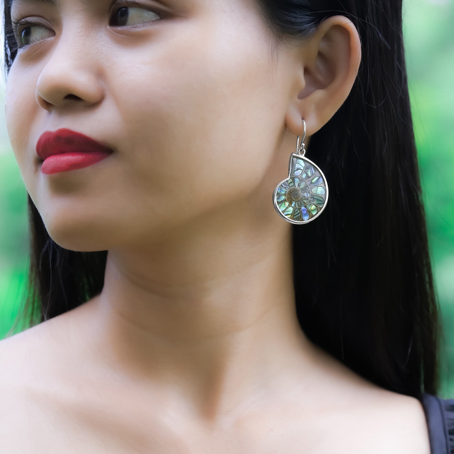 Ammonite with Abalone Shell Inlay Earrings in Sterling Silver from Starborn Creations