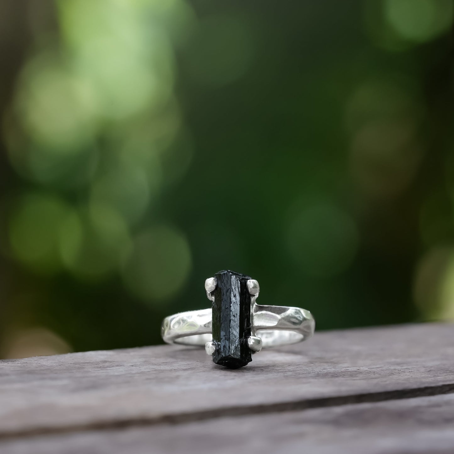 Black Tourmaline Crystal Prong Set Ring in Sterling Silver from Starborn Creations