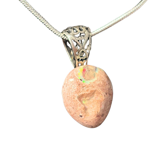 Mexican Cantera Fire Opal Sterling Silver Pendant Necklace