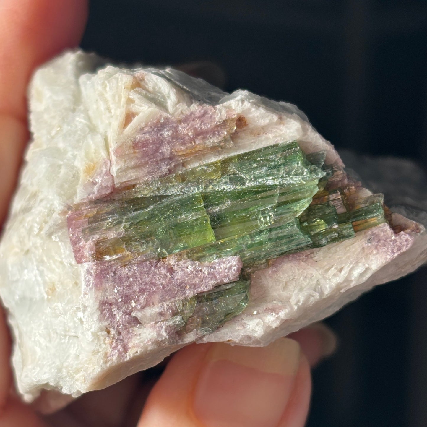 Green Tourmaline with Purple Lepidolite on Albite Matrix from Brazil
