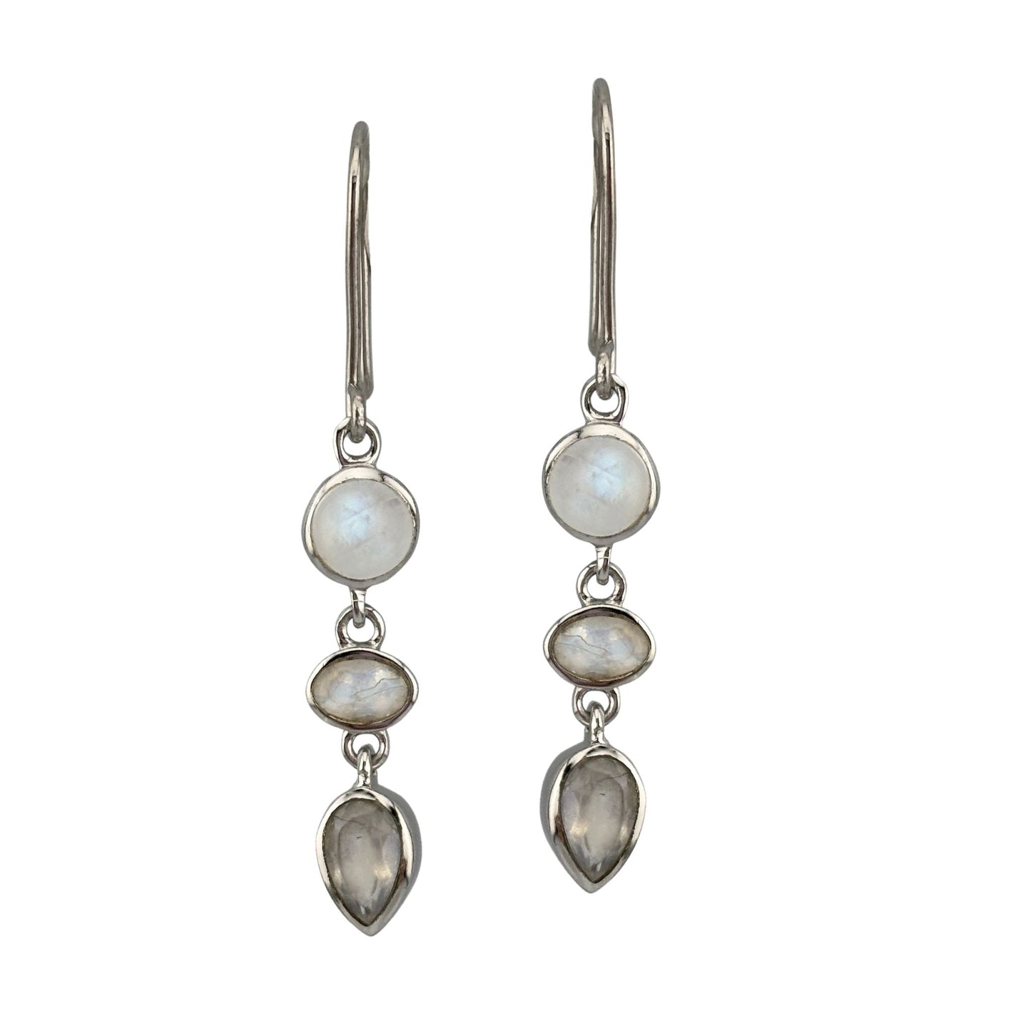 Silver earrings with moonstone stones on a white background