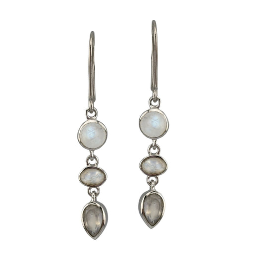Silver earrings with moonstone stones on a white background