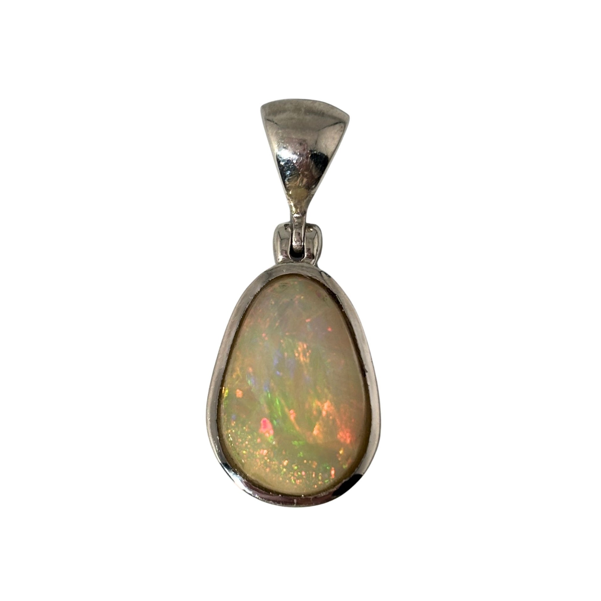 Opal pendant with a silver setting on a white background