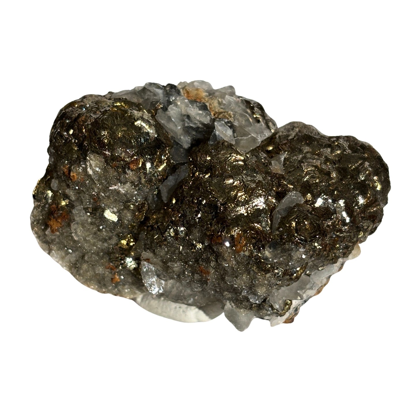 Lustrous pyrite mineral on a white background