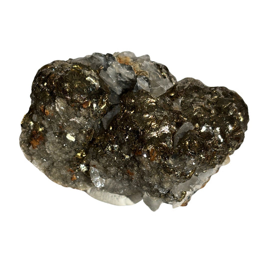 Lustrous pyrite mineral on a white background