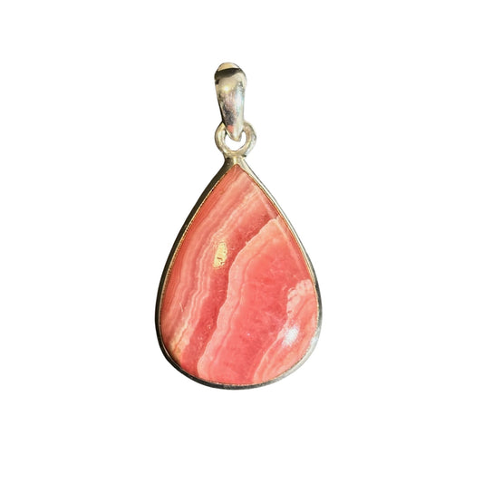 Pink rhodochrosite teardrop pendant on a white background