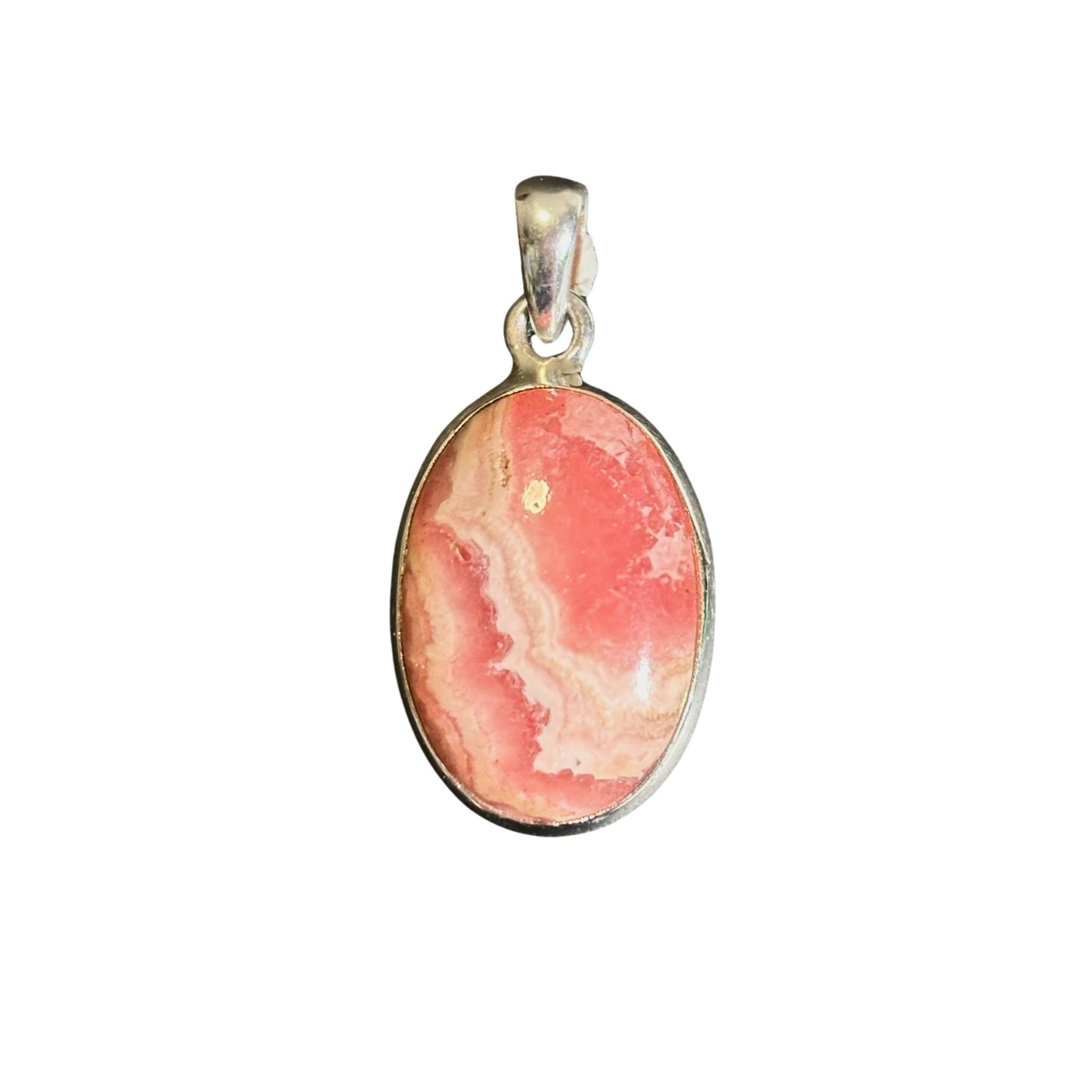 Pink rhodochrosite stone pendant with silver setting on a white background