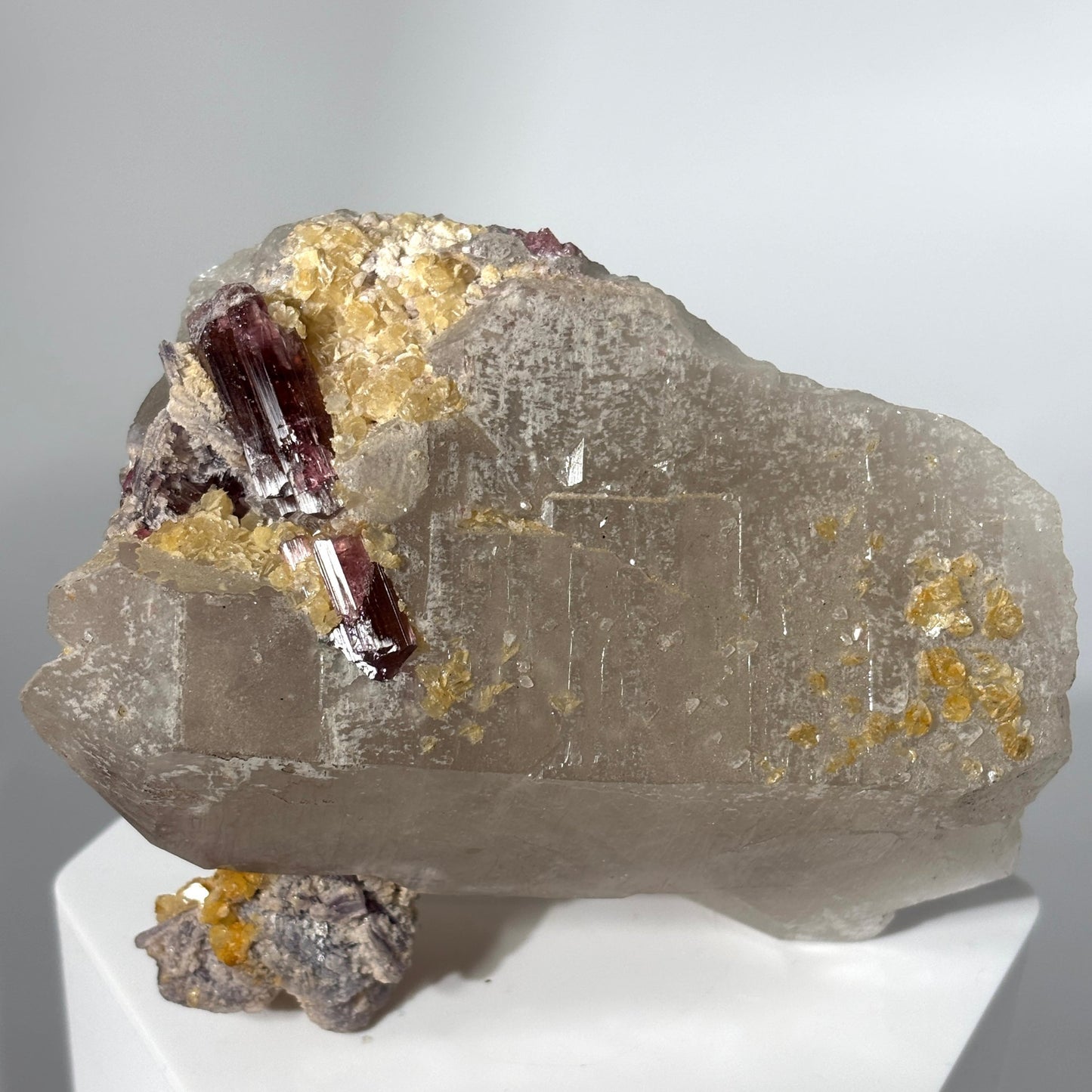 Rubellite Tourmaline Crystal and Lepidolite on Quartz Cluster, Purple Pink Tourmaline Mixed Mineral from Minas Gerais, Brazil