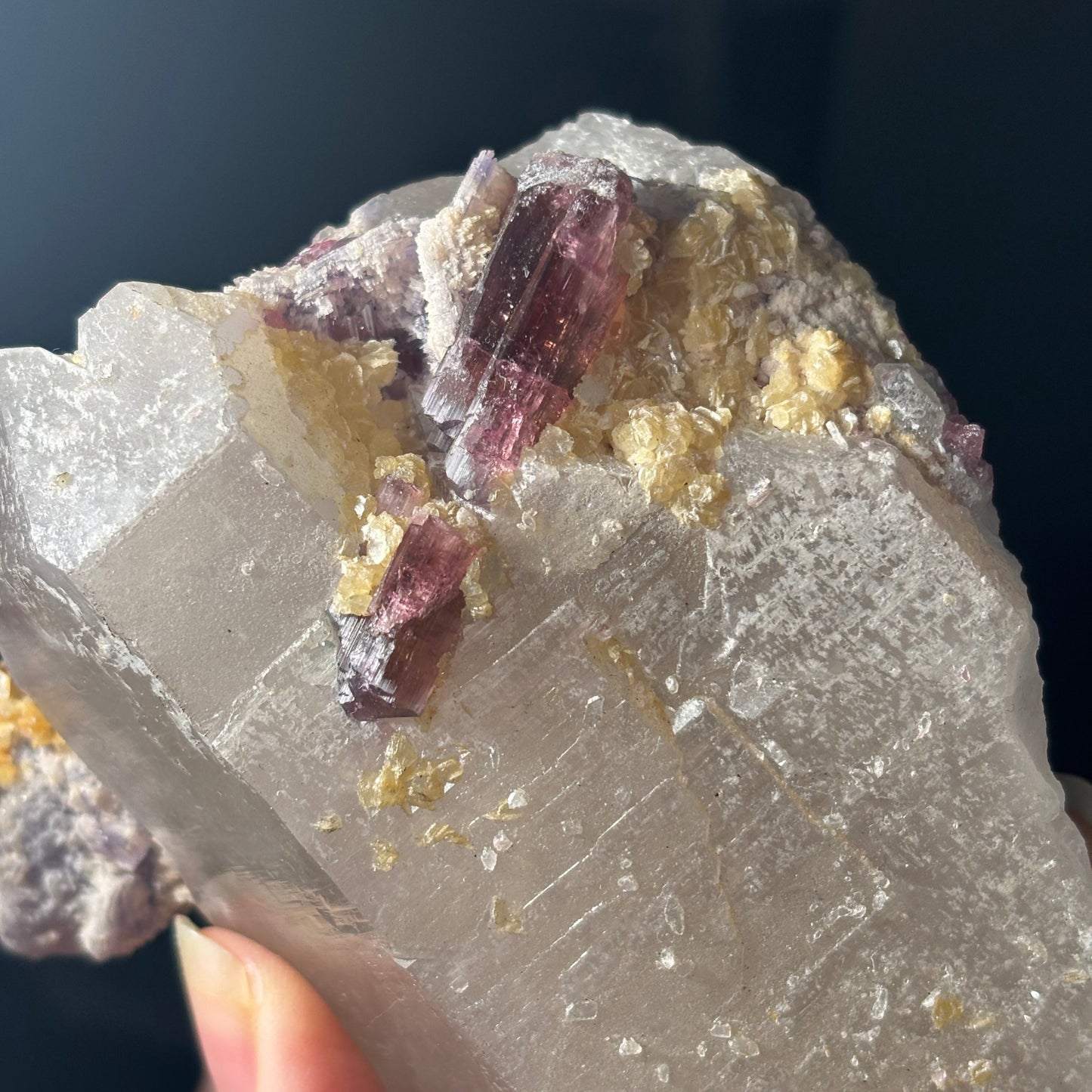 Rubellite Tourmaline Crystal and Lepidolite on Quartz Cluster, Purple Pink Tourmaline Mixed Mineral from Minas Gerais, Brazil