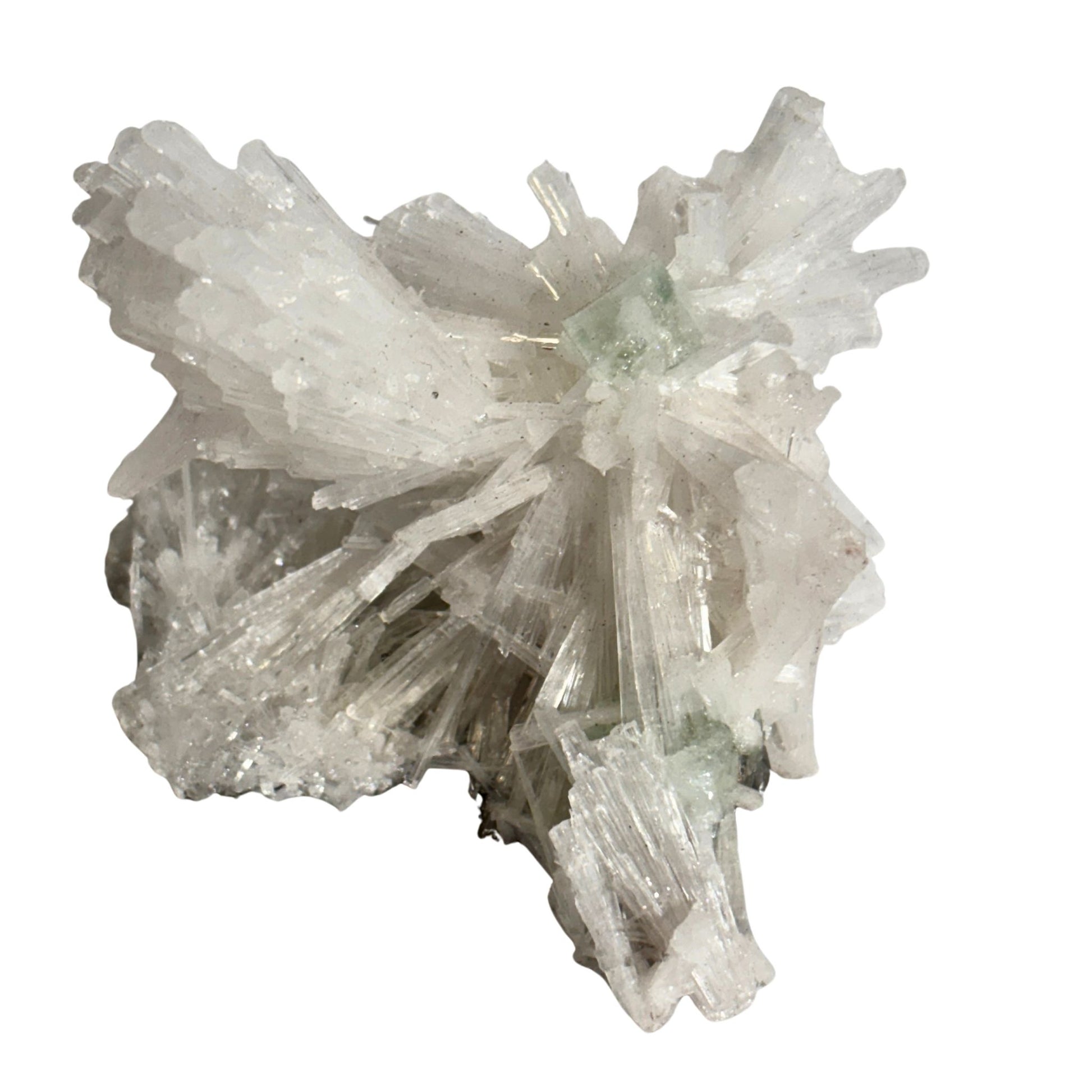 Scolecite crystal cluster on a white background