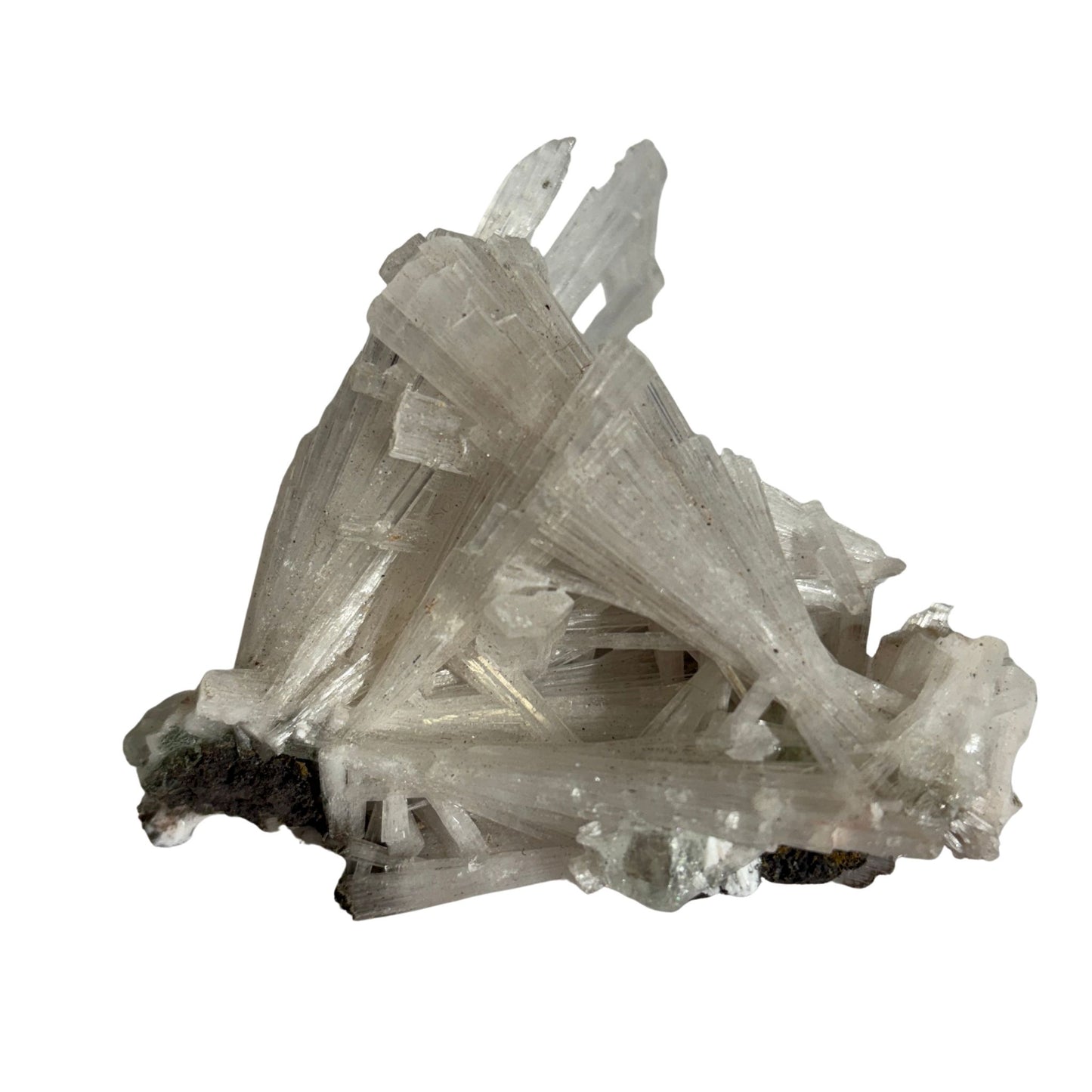 Scolecite crystal formation on a white background
